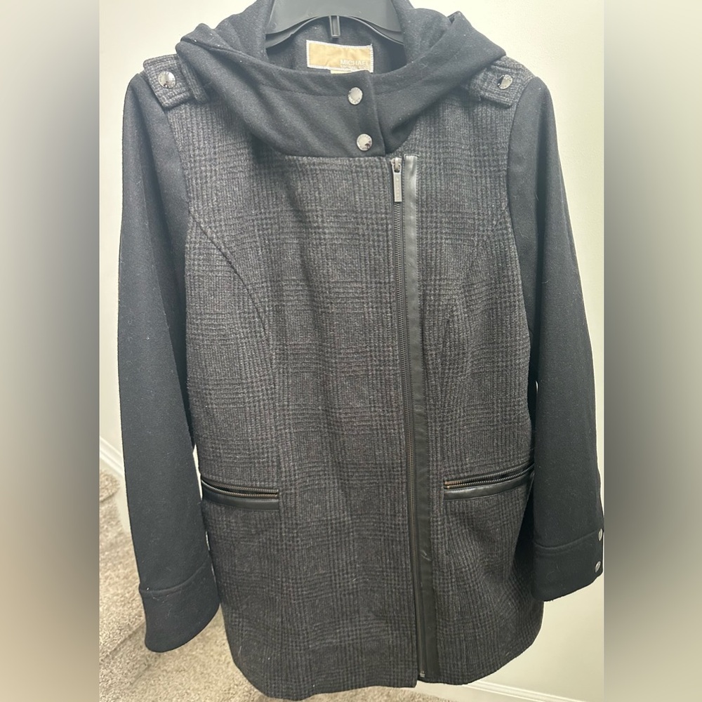 MICHAEL KORS Women Black Gray Plaid Wool Blend Hoodie Coat Size 12